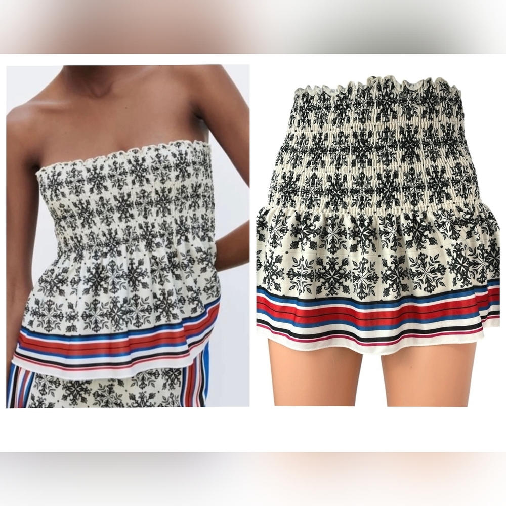 ZARA Smocked Floral Geometric & Striped Tube Top or Mini Skirt, Ruffle Hem, EUC!